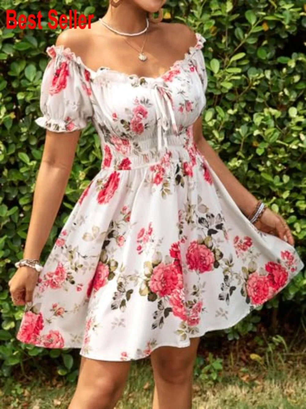 Polyester Off Shoulder Ruffle Puff Sleeve Smocked Short Dress - Picture 5 of 6